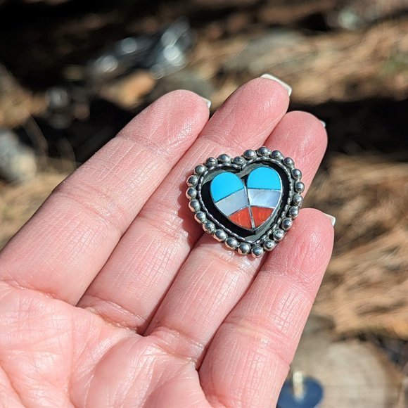 Zuni Heart Shaped Earrings, Sterling‎ Silver Multi Stones Handmade Jewelry *** - Picture 7 of 8